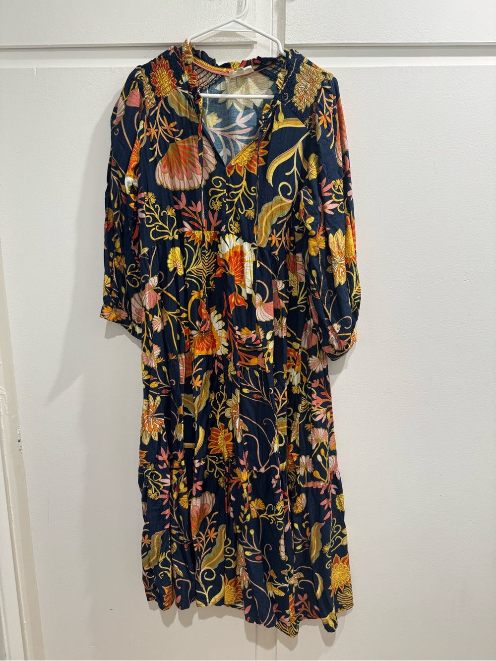Umgee Floral V-Neck Tiered Midi Dress in Navy Floral
